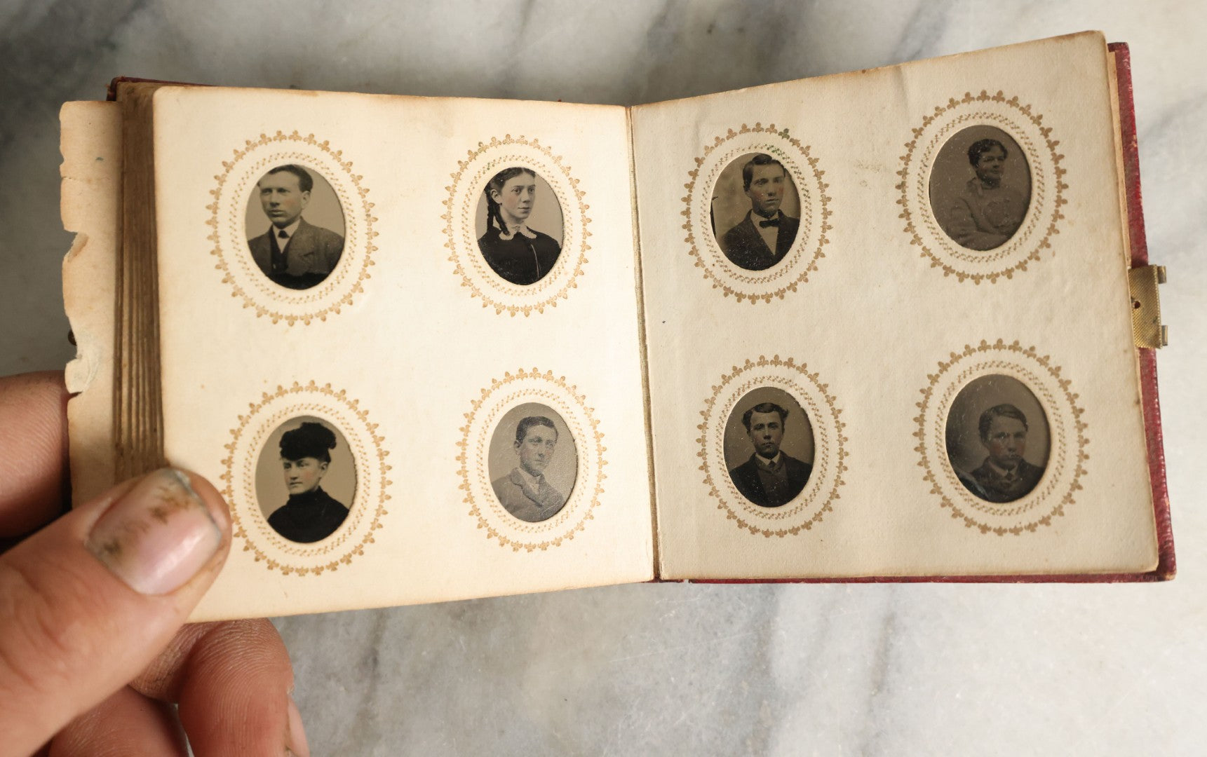 Lot 057 - Antique Gem Tintype Photo Album With 91 Tintype Photographs Of Men, Women And Children, Handwritten Note States "From The Colby Home On Colby Road"