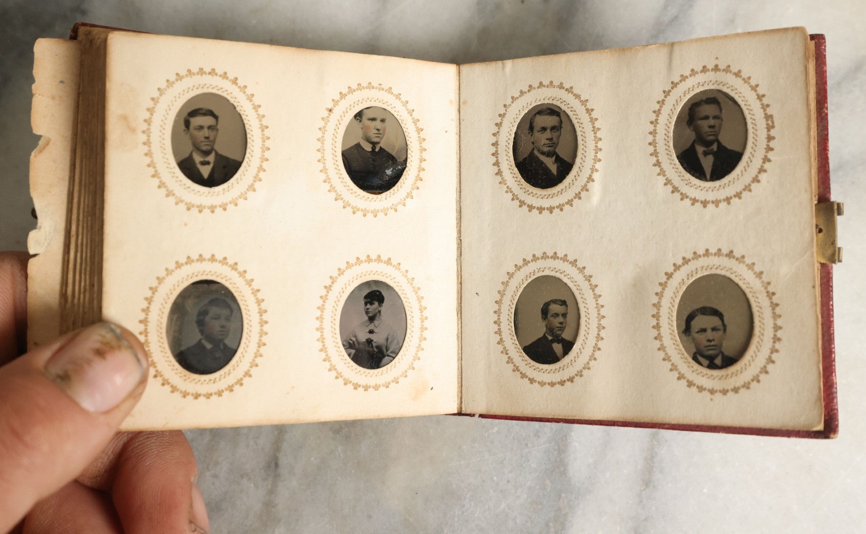 Lot 057 - Antique Gem Tintype Photo Album With 91 Tintype Photographs Of Men, Women And Children, Handwritten Note States "From The Colby Home On Colby Road"