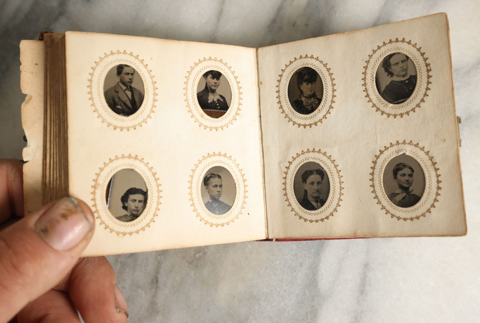Lot 057 - Antique Gem Tintype Photo Album With 91 Tintype Photographs Of Men, Women And Children, Handwritten Note States "From The Colby Home On Colby Road"