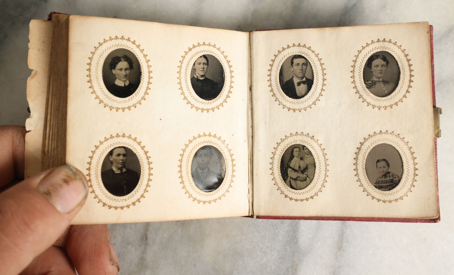 Lot 057 - Antique Gem Tintype Photo Album With 91 Tintype Photographs Of Men, Women And Children, Handwritten Note States "From The Colby Home On Colby Road"