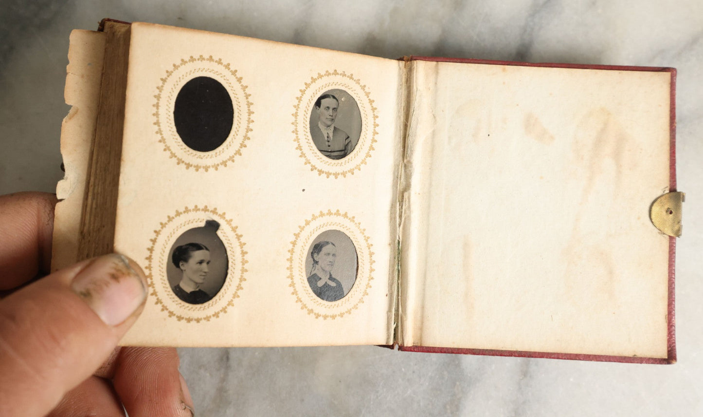 Lot 057 - Antique Gem Tintype Photo Album With 91 Tintype Photographs Of Men, Women And Children, Handwritten Note States "From The Colby Home On Colby Road"