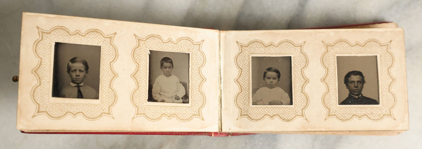 Lot 058 - Antique Gem Tintype Photo Album With 19 Tintype Photographs With Many Of Children Including Hidden Mother, Handwritten Note States "From The Colby Home On Colby Road"