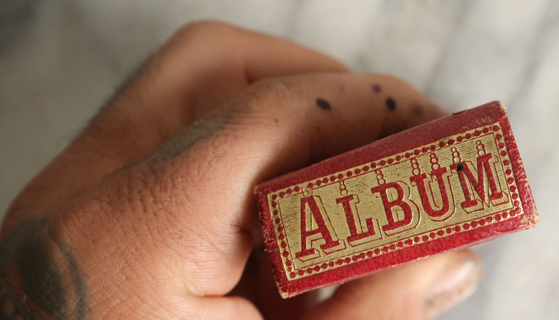 Lot 058 - Antique Gem Tintype Photo Album With 19 Tintype Photographs With Many Of Children Including Hidden Mother, Handwritten Note States "From The Colby Home On Colby Road"
