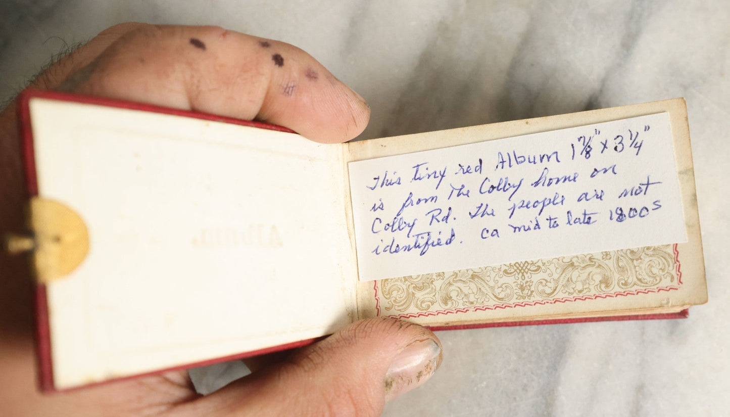 Lot 058 - Antique Gem Tintype Photo Album With 19 Tintype Photographs With Many Of Children Including Hidden Mother, Handwritten Note States "From The Colby Home On Colby Road"