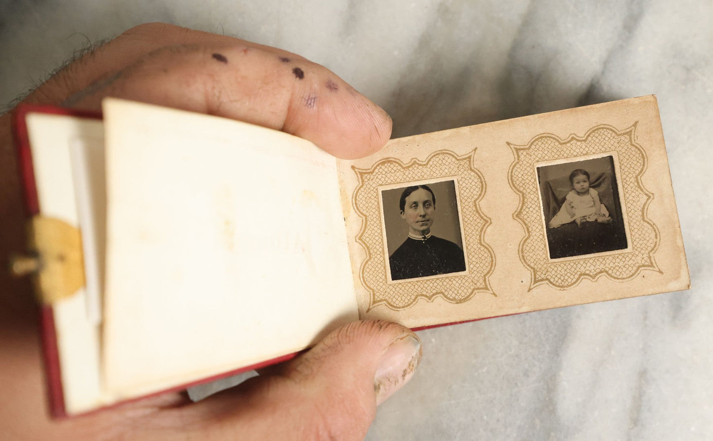 Lot 058 - Antique Gem Tintype Photo Album With 19 Tintype Photographs With Many Of Children Including Hidden Mother, Handwritten Note States "From The Colby Home On Colby Road"