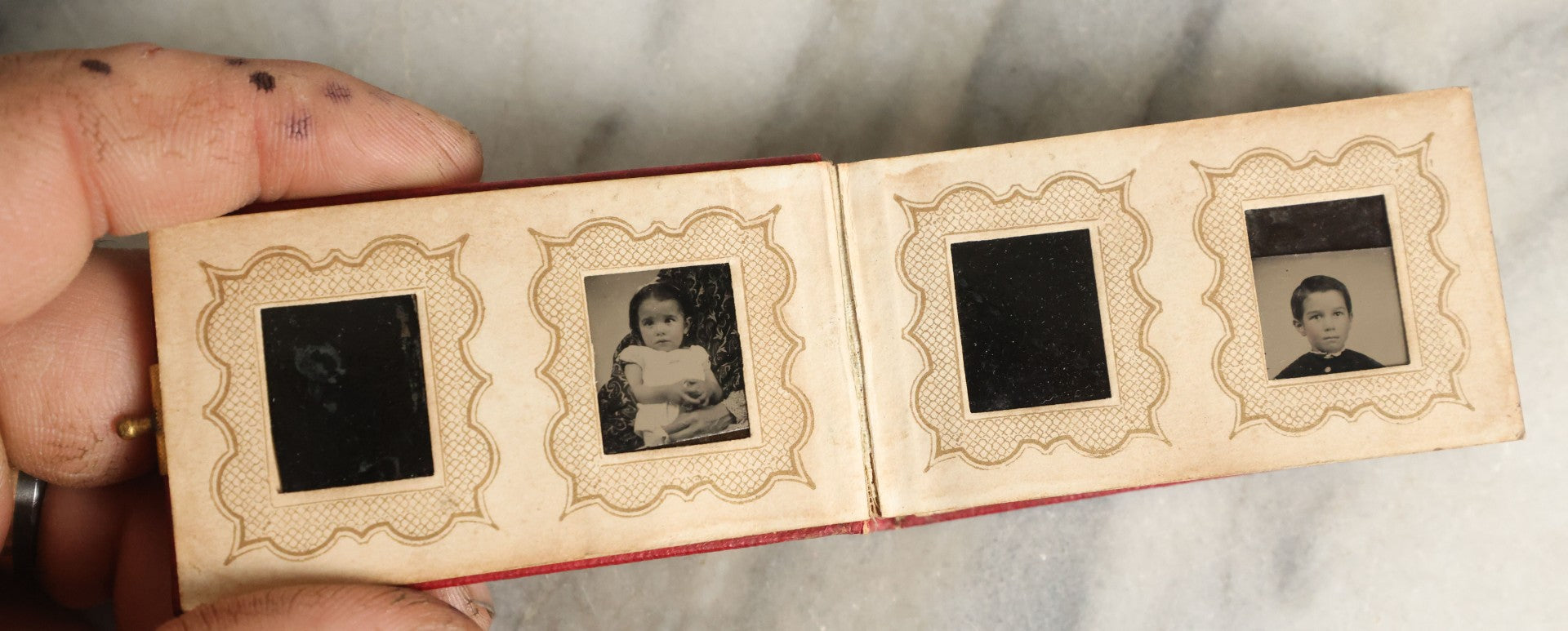 Lot 058 - Antique Gem Tintype Photo Album With 19 Tintype Photographs With Many Of Children Including Hidden Mother, Handwritten Note States "From The Colby Home On Colby Road"