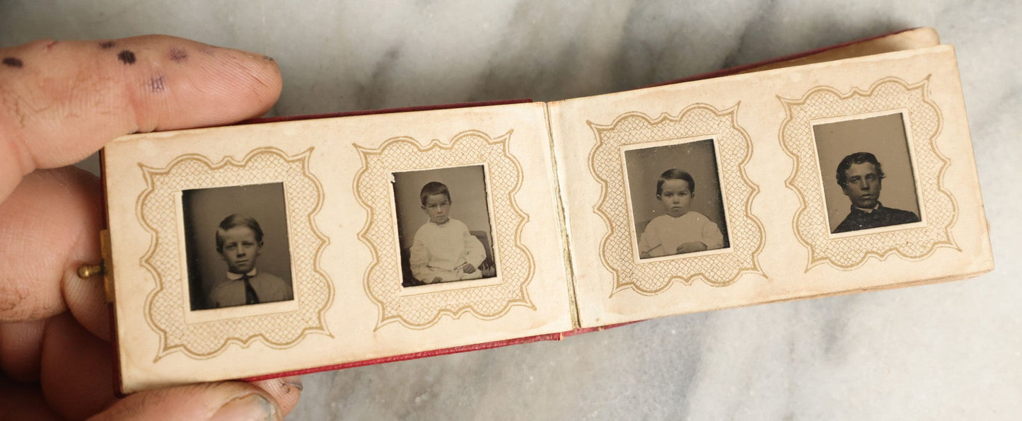 Lot 058 - Antique Gem Tintype Photo Album With 19 Tintype Photographs With Many Of Children Including Hidden Mother, Handwritten Note States "From The Colby Home On Colby Road"