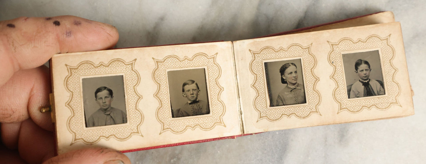 Lot 058 - Antique Gem Tintype Photo Album With 19 Tintype Photographs With Many Of Children Including Hidden Mother, Handwritten Note States "From The Colby Home On Colby Road"