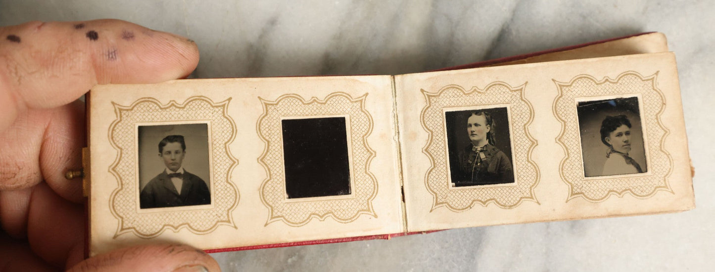 Lot 058 - Antique Gem Tintype Photo Album With 19 Tintype Photographs With Many Of Children Including Hidden Mother, Handwritten Note States "From The Colby Home On Colby Road"