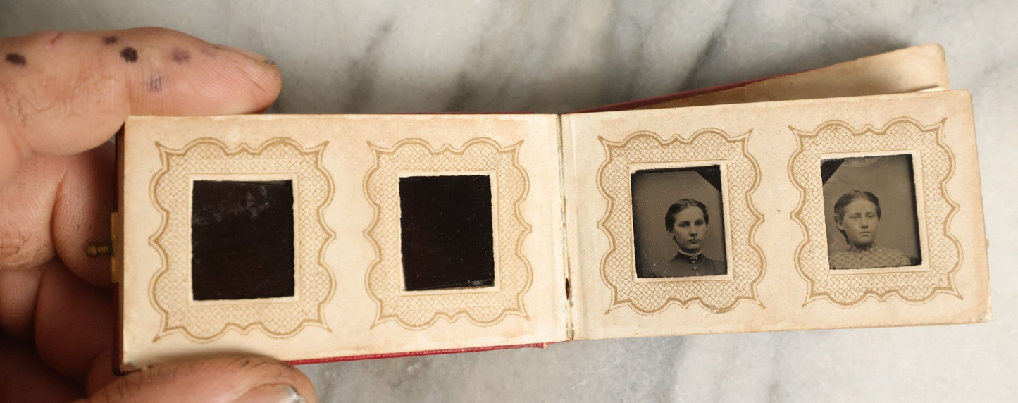 Lot 058 - Antique Gem Tintype Photo Album With 19 Tintype Photographs With Many Of Children Including Hidden Mother, Handwritten Note States "From The Colby Home On Colby Road"