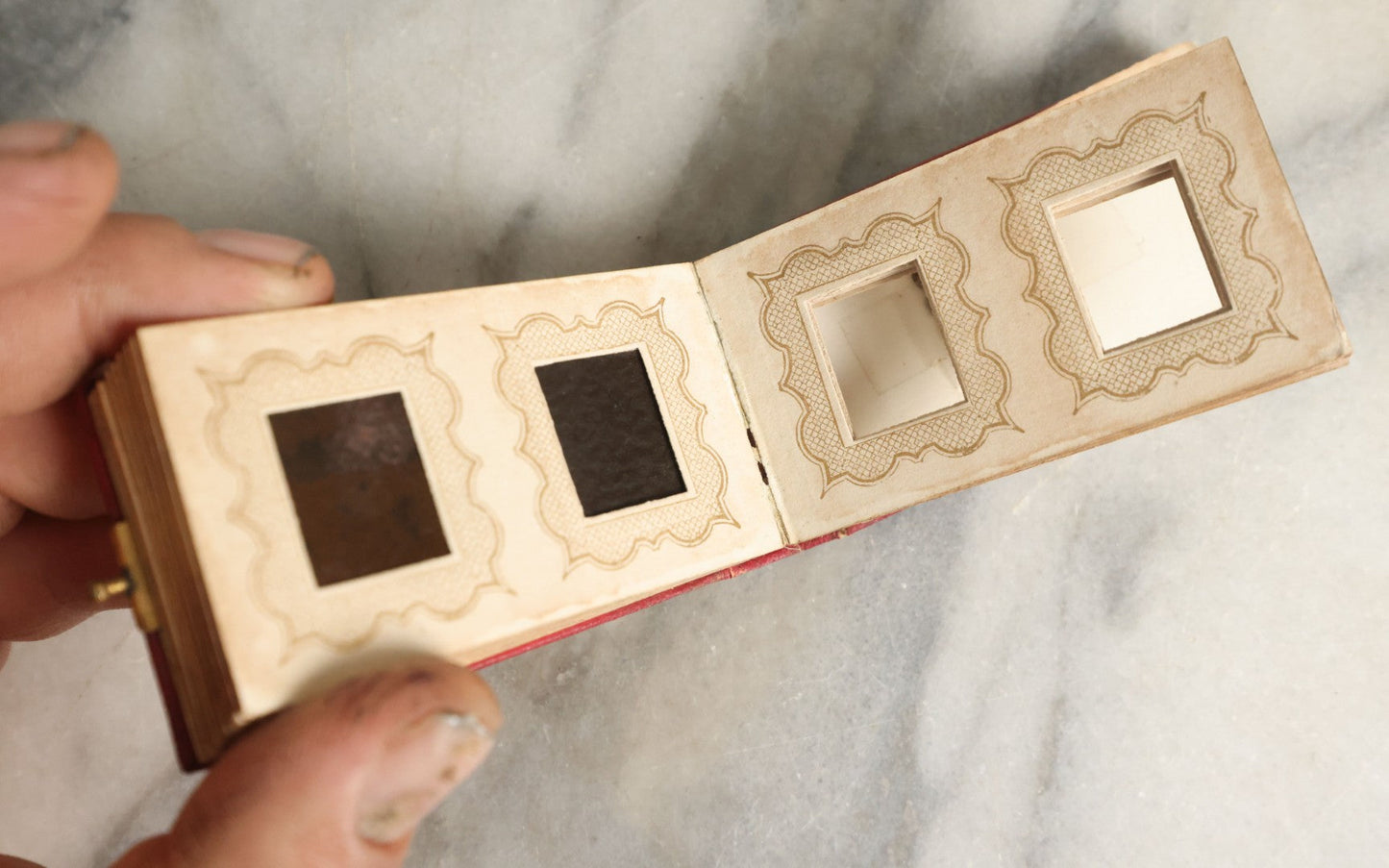 Lot 058 - Antique Gem Tintype Photo Album With 19 Tintype Photographs With Many Of Children Including Hidden Mother, Handwritten Note States "From The Colby Home On Colby Road"