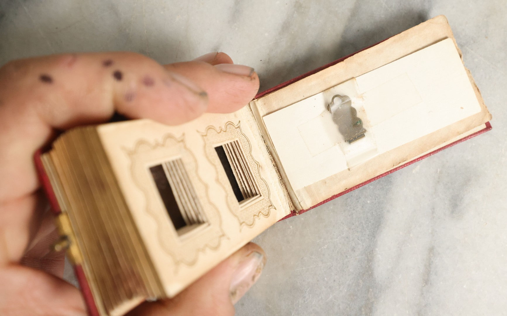 Lot 058 - Antique Gem Tintype Photo Album With 19 Tintype Photographs With Many Of Children Including Hidden Mother, Handwritten Note States "From The Colby Home On Colby Road"