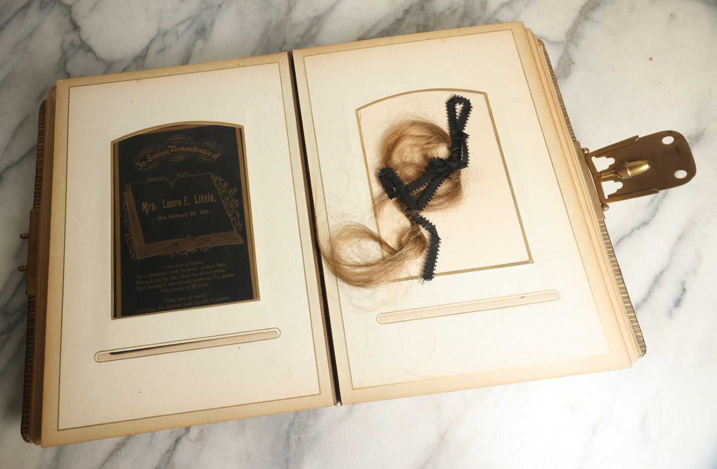 Lot 059 - Antique Photo And Keepsake Album With Cabinet Card, Tintype, And C.D.V. Photos, Remembrance Card & Hair From Mrs. Laura E. Little, Hidden Mother Tintype With Scratched Out Face, Photo Of Back Of Woman's Hair, Textile Keepsakes, Pressed Foliage