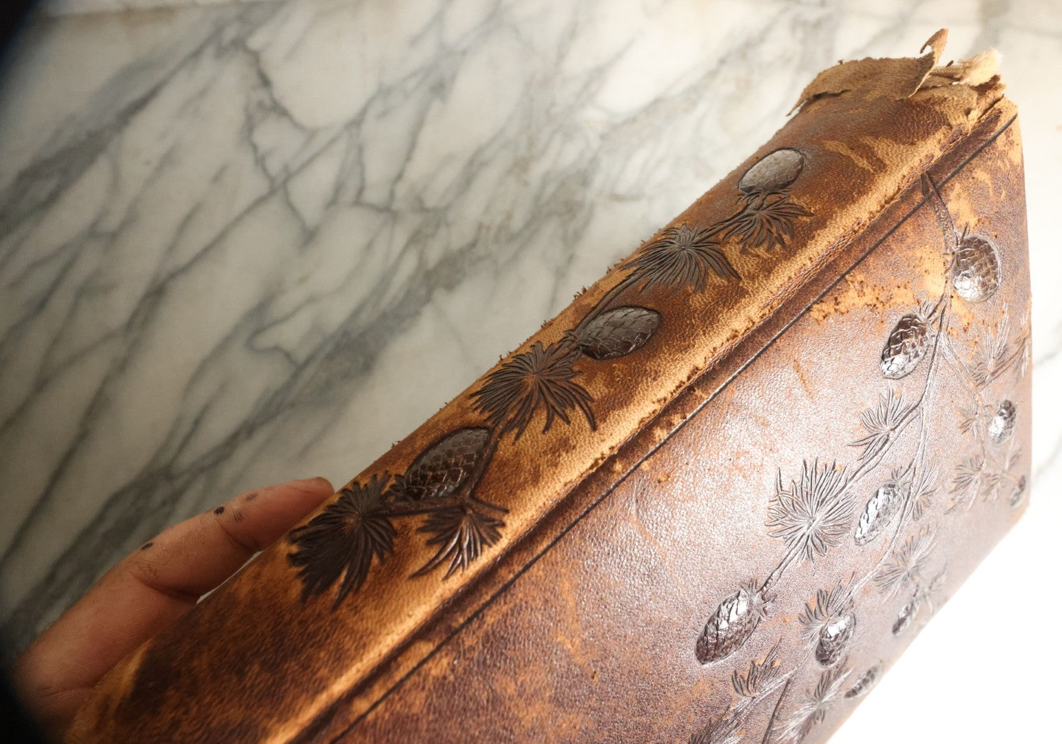 Lot 059 - Antique Photo And Keepsake Album With Cabinet Card, Tintype, And C.D.V. Photos, Remembrance Card & Hair From Mrs. Laura E. Little, Hidden Mother Tintype With Scratched Out Face, Photo Of Back Of Woman's Hair, Textile Keepsakes, Pressed Foliage