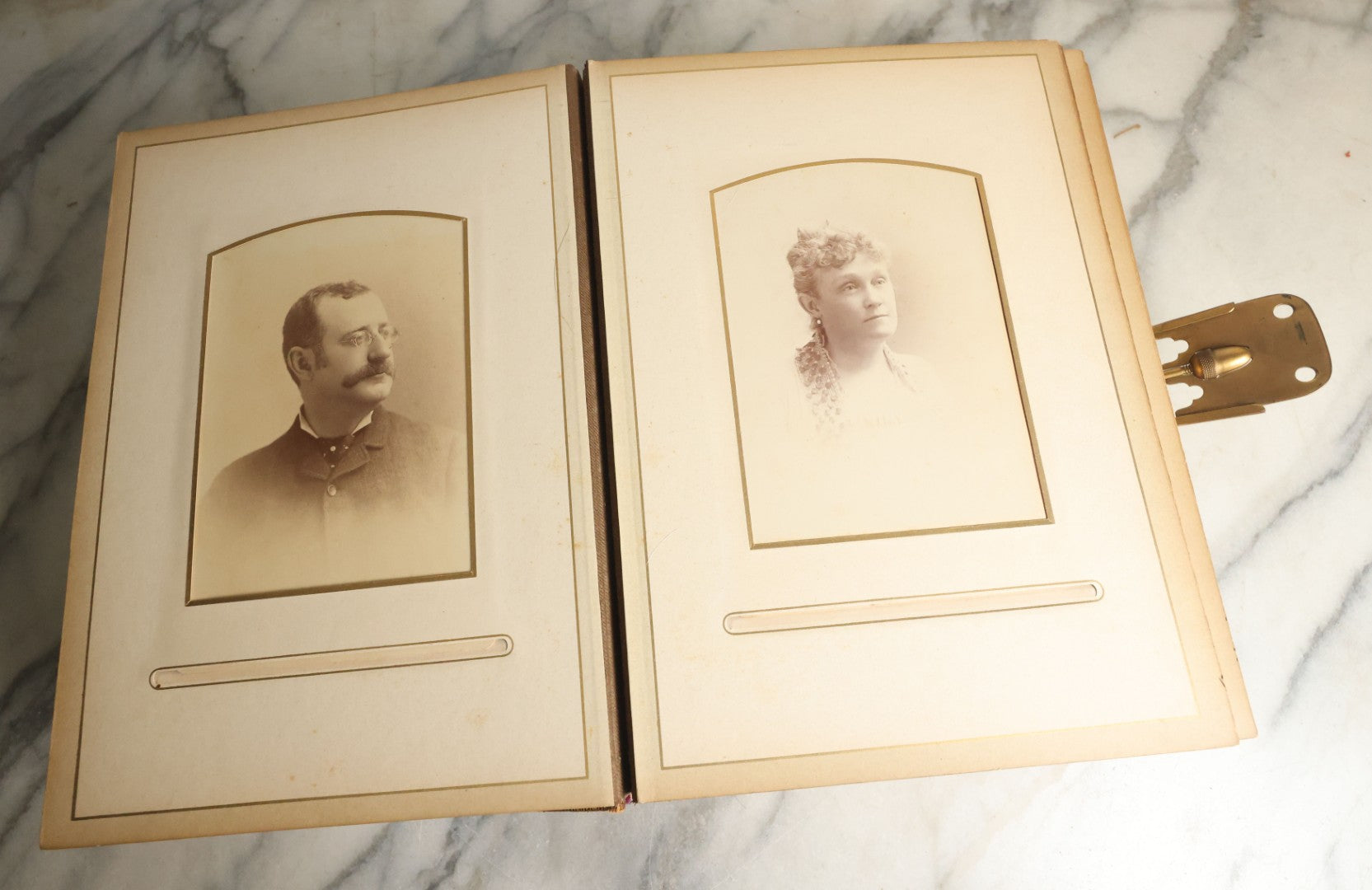 Lot 059 - Antique Photo And Keepsake Album With Cabinet Card, Tintype, And C.D.V. Photos, Remembrance Card & Hair From Mrs. Laura E. Little, Hidden Mother Tintype With Scratched Out Face, Photo Of Back Of Woman's Hair, Textile Keepsakes, Pressed Foliage