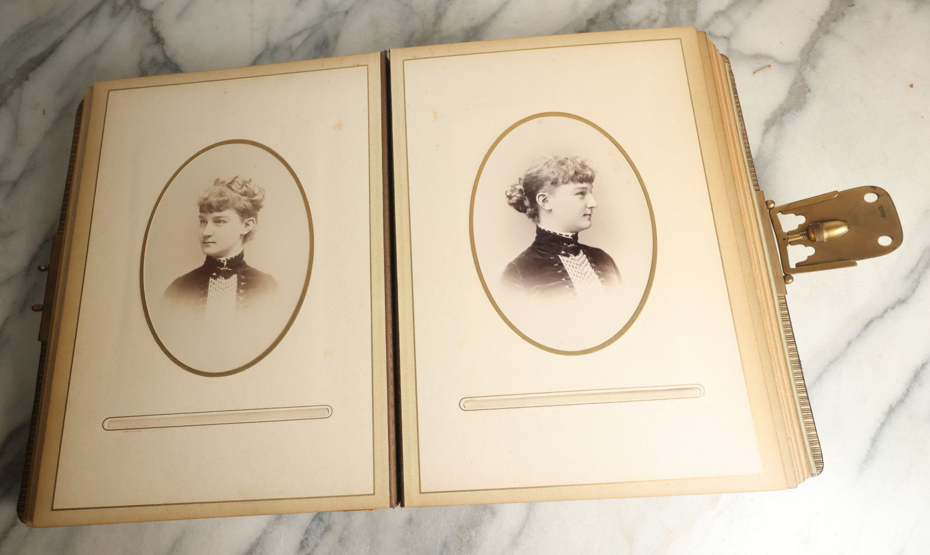 Lot 059 - Antique Photo And Keepsake Album With Cabinet Card, Tintype, And C.D.V. Photos, Remembrance Card & Hair From Mrs. Laura E. Little, Hidden Mother Tintype With Scratched Out Face, Photo Of Back Of Woman's Hair, Textile Keepsakes, Pressed Foliage