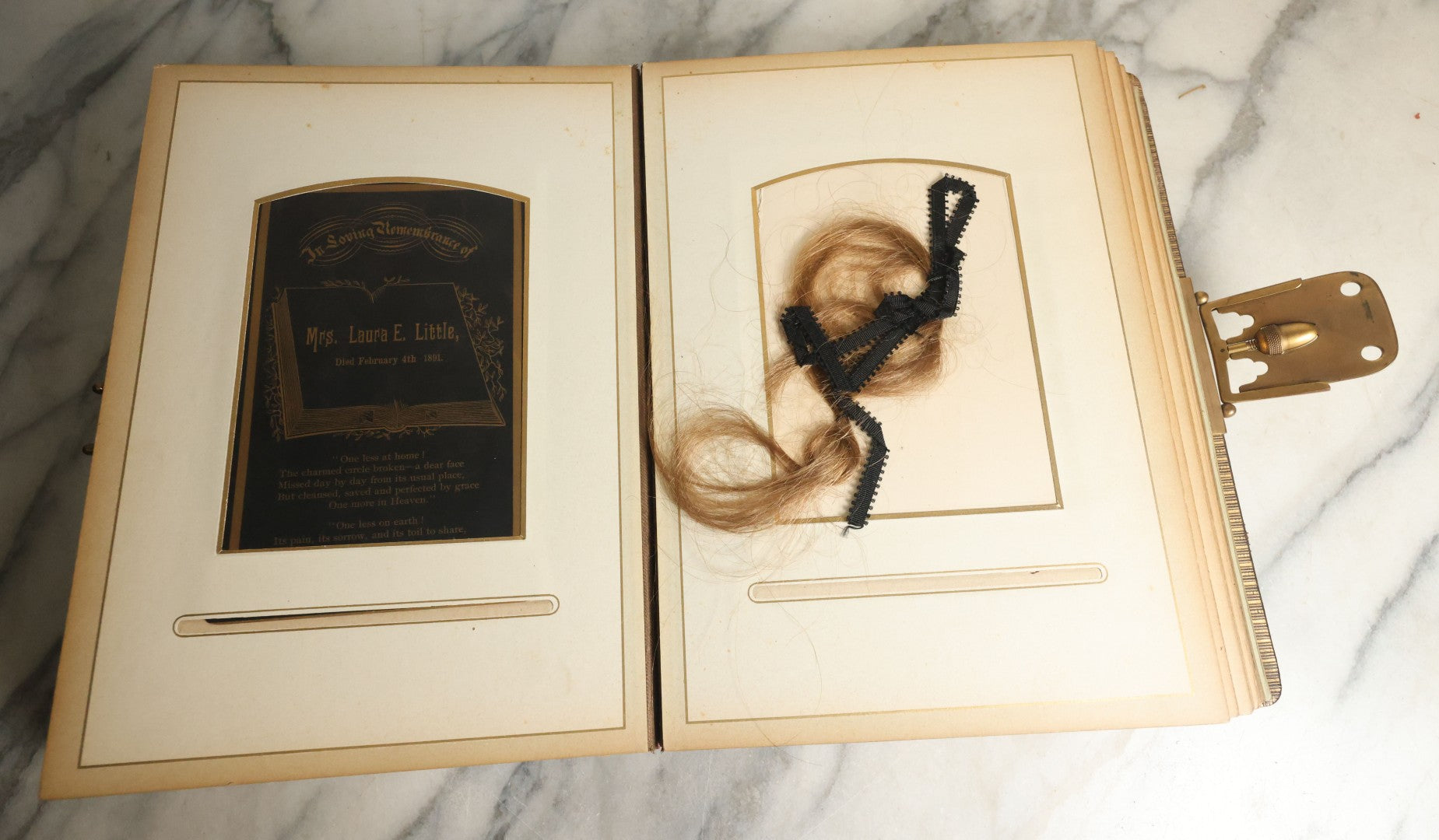 Lot 059 - Antique Photo And Keepsake Album With Cabinet Card, Tintype, And C.D.V. Photos, Remembrance Card & Hair From Mrs. Laura E. Little, Hidden Mother Tintype With Scratched Out Face, Photo Of Back Of Woman's Hair, Textile Keepsakes, Pressed Foliage