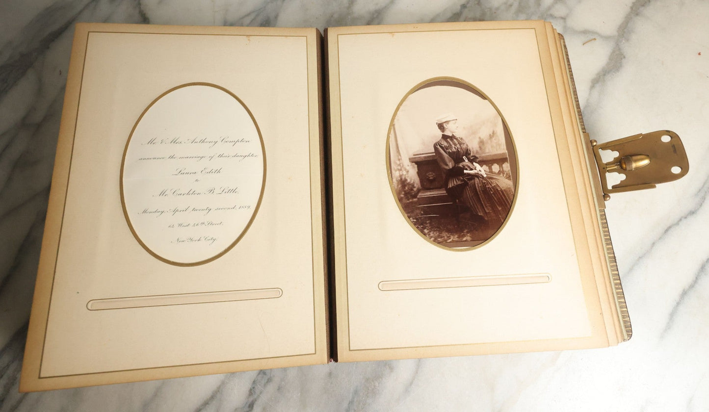 Lot 059 - Antique Photo And Keepsake Album With Cabinet Card, Tintype, And C.D.V. Photos, Remembrance Card & Hair From Mrs. Laura E. Little, Hidden Mother Tintype With Scratched Out Face, Photo Of Back Of Woman's Hair, Textile Keepsakes, Pressed Foliage