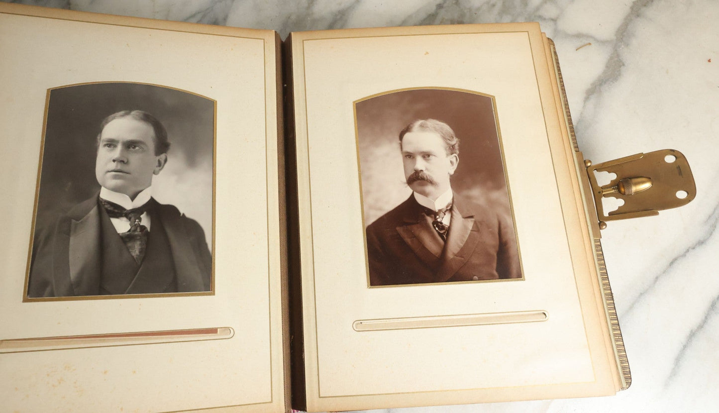 Lot 059 - Antique Photo And Keepsake Album With Cabinet Card, Tintype, And C.D.V. Photos, Remembrance Card & Hair From Mrs. Laura E. Little, Hidden Mother Tintype With Scratched Out Face, Photo Of Back Of Woman's Hair, Textile Keepsakes, Pressed Foliage