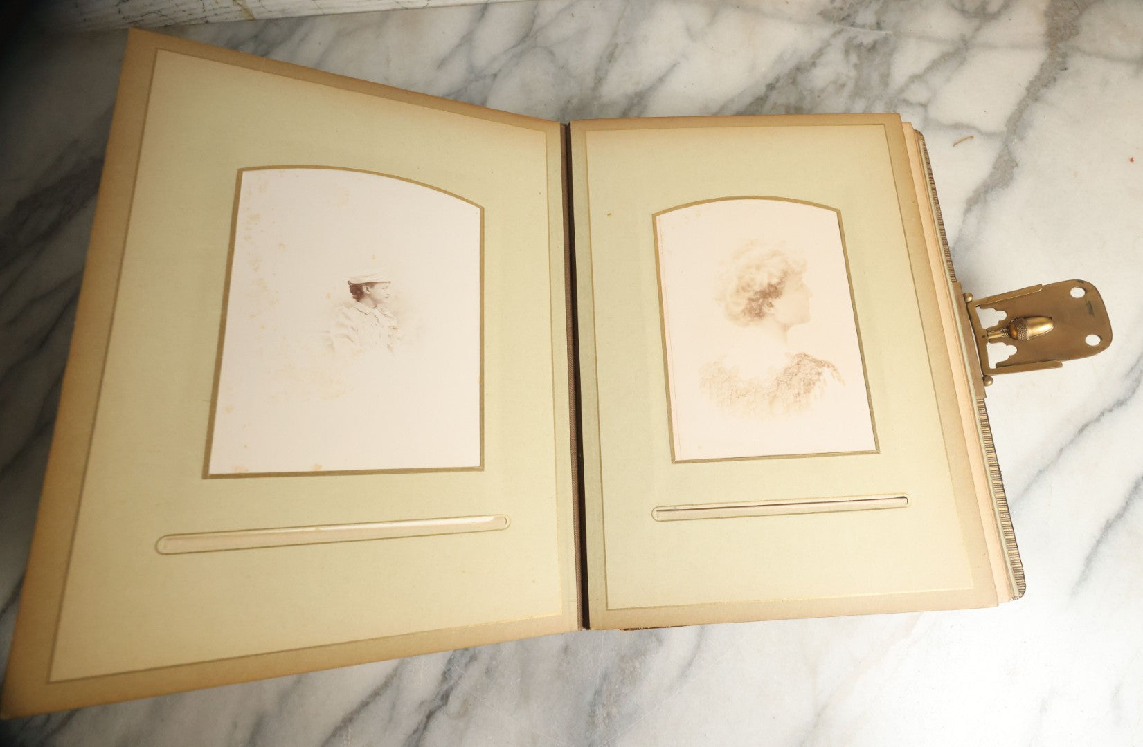 Lot 059 - Antique Photo And Keepsake Album With Cabinet Card, Tintype, And C.D.V. Photos, Remembrance Card & Hair From Mrs. Laura E. Little, Hidden Mother Tintype With Scratched Out Face, Photo Of Back Of Woman's Hair, Textile Keepsakes, Pressed Foliage
