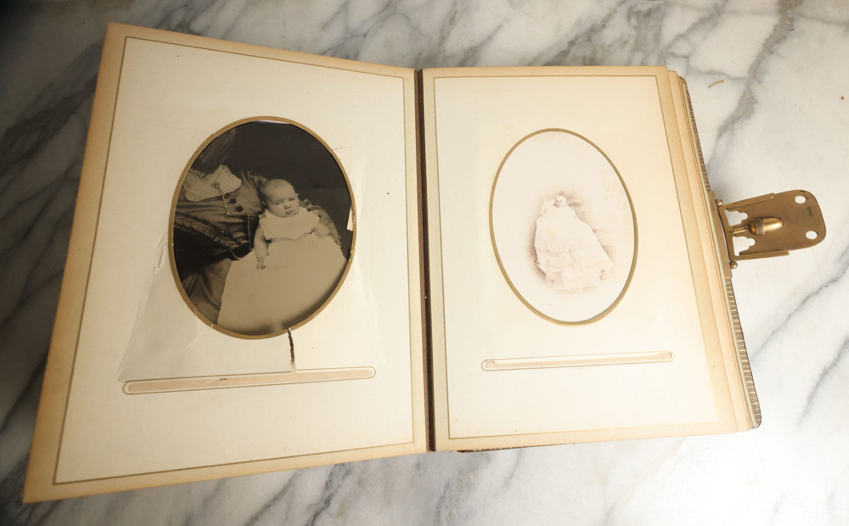 Lot 059 - Antique Photo And Keepsake Album With Cabinet Card, Tintype, And C.D.V. Photos, Remembrance Card & Hair From Mrs. Laura E. Little, Hidden Mother Tintype With Scratched Out Face, Photo Of Back Of Woman's Hair, Textile Keepsakes, Pressed Foliage