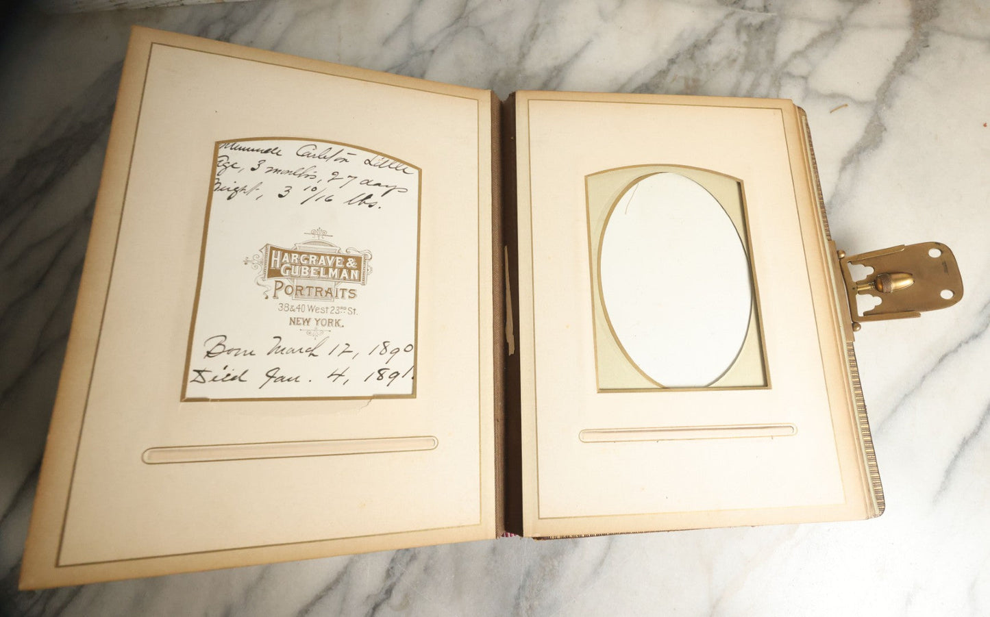 Lot 059 - Antique Photo And Keepsake Album With Cabinet Card, Tintype, And C.D.V. Photos, Remembrance Card & Hair From Mrs. Laura E. Little, Hidden Mother Tintype With Scratched Out Face, Photo Of Back Of Woman's Hair, Textile Keepsakes, Pressed Foliage