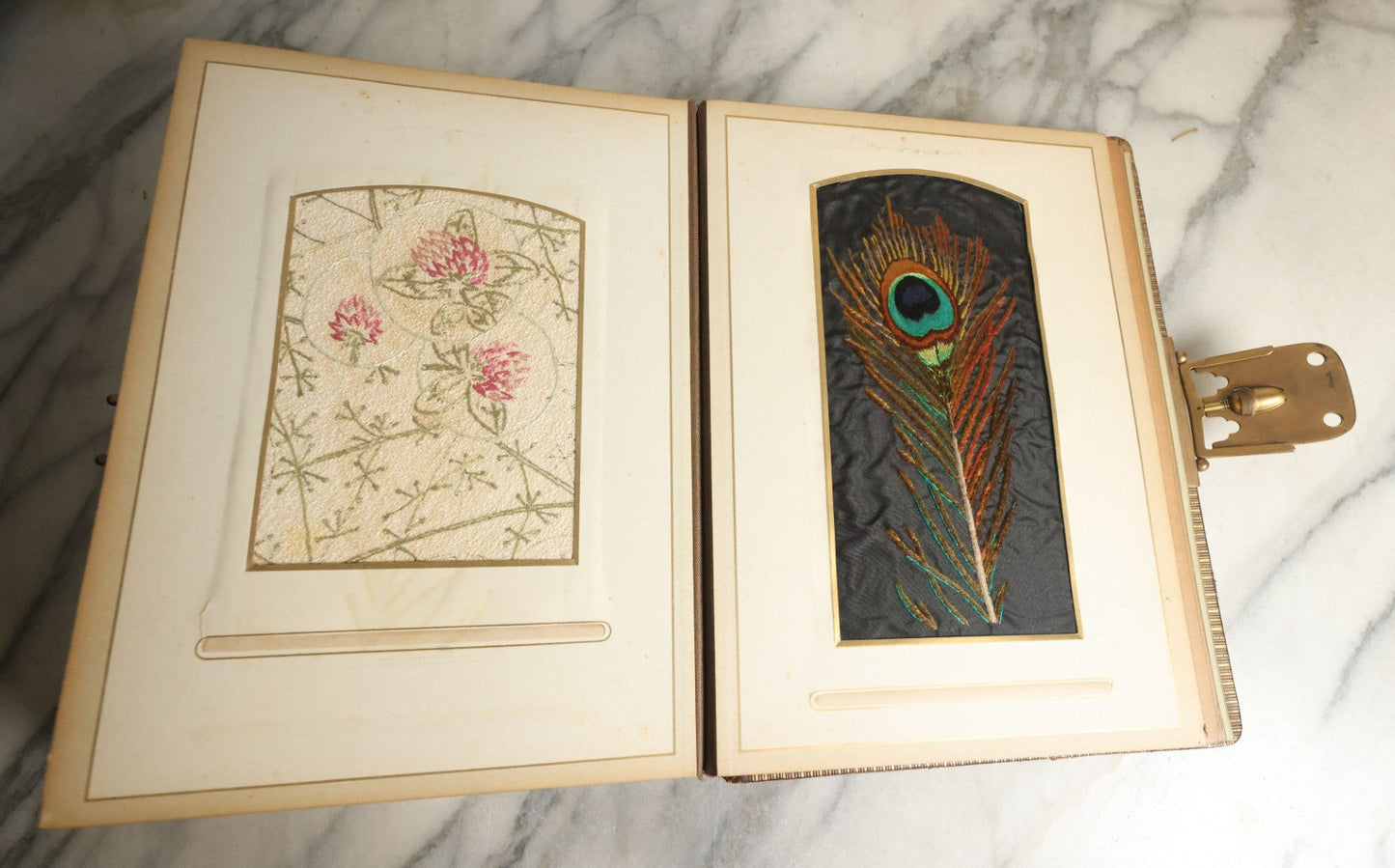 Lot 059 - Antique Photo And Keepsake Album With Cabinet Card, Tintype, And C.D.V. Photos, Remembrance Card & Hair From Mrs. Laura E. Little, Hidden Mother Tintype With Scratched Out Face, Photo Of Back Of Woman's Hair, Textile Keepsakes, Pressed Foliage