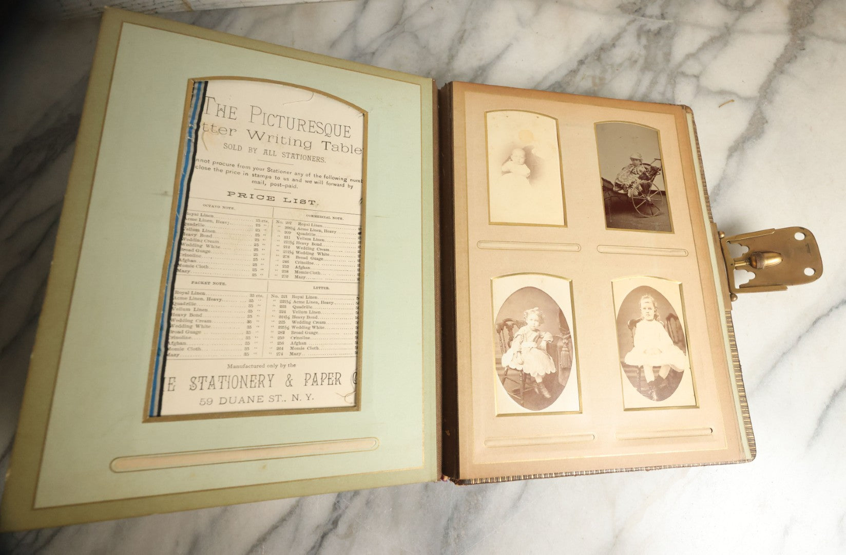 Lot 059 - Antique Photo And Keepsake Album With Cabinet Card, Tintype, And C.D.V. Photos, Remembrance Card & Hair From Mrs. Laura E. Little, Hidden Mother Tintype With Scratched Out Face, Photo Of Back Of Woman's Hair, Textile Keepsakes, Pressed Foliage