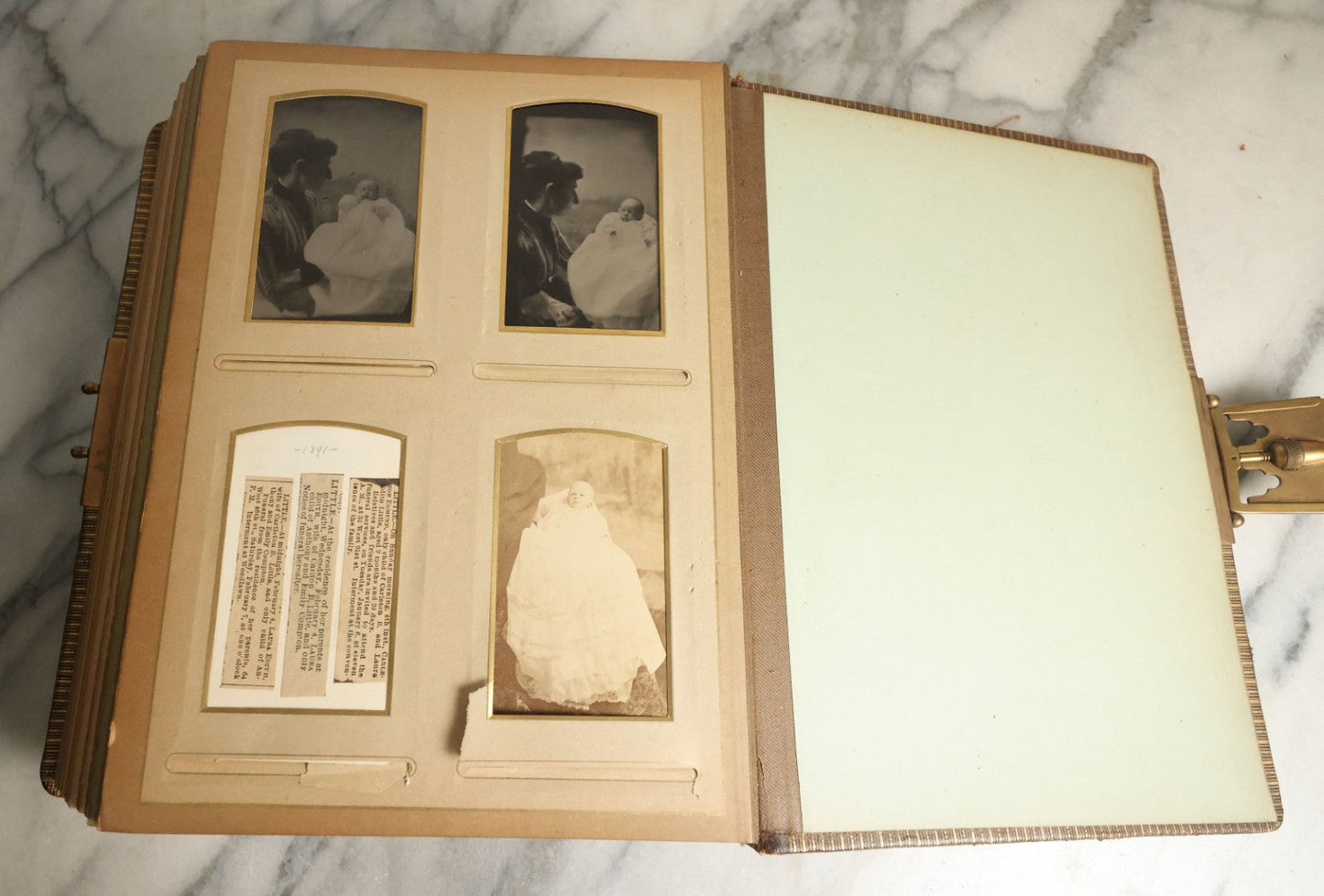 Lot 059 - Antique Photo And Keepsake Album With Cabinet Card, Tintype, And C.D.V. Photos, Remembrance Card & Hair From Mrs. Laura E. Little, Hidden Mother Tintype With Scratched Out Face, Photo Of Back Of Woman's Hair, Textile Keepsakes, Pressed Foliage