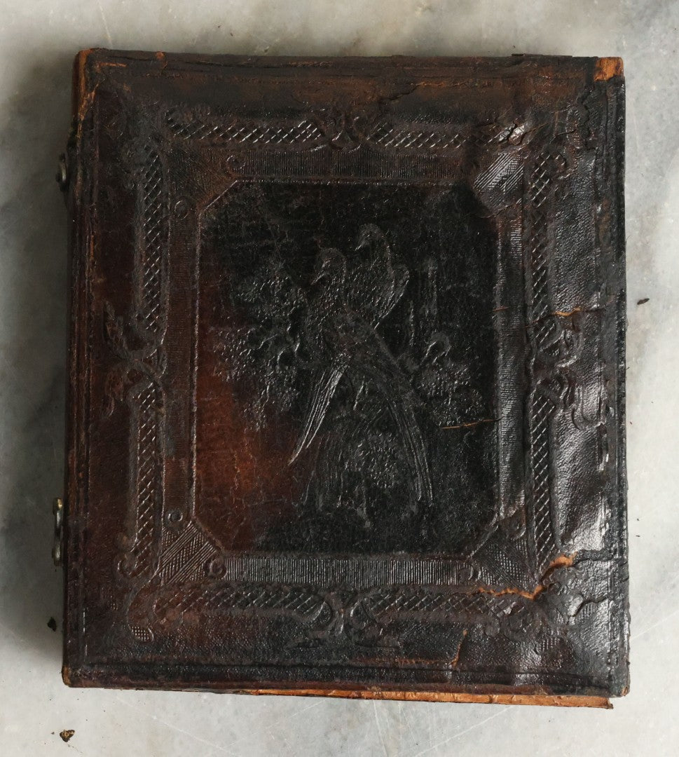 Lot 063 - Antique 1/6th Plate Daguerreotype Photograph With Middle Age Woman With White Hair Wearing White Bonnet And Scarf, In Split Leatherette Union Case With Bird Design