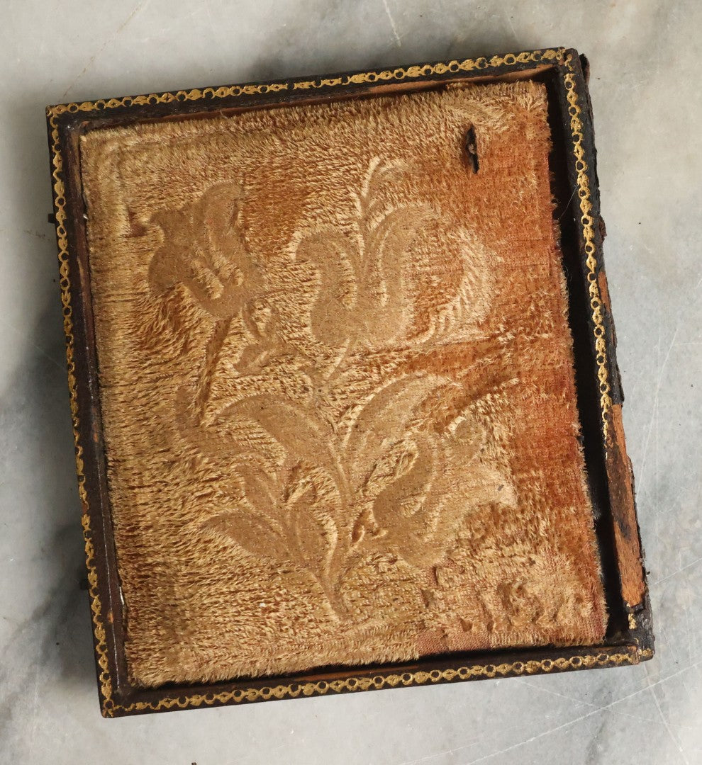 Lot 063 - Antique 1/6th Plate Daguerreotype Photograph With Middle Age Woman With White Hair Wearing White Bonnet And Scarf, In Split Leatherette Union Case With Bird Design