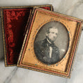 Lot 064 - Antique 1/6th Plate Daguerreotype Photograph Of Blond Man With Beard, Split Full Leatherette Union Case, Note Debris And Residue On Photo