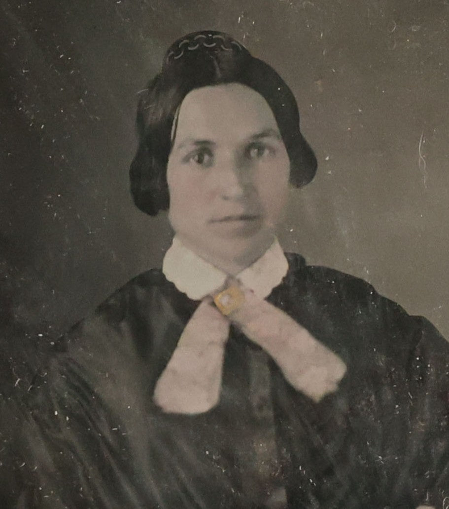 Lot 065 - Antique 1/6th Plate Daguerreotype Photograph Of Woman Wearing Gold Tinted Jewelry Sitting Beside Table With Book, No Case.