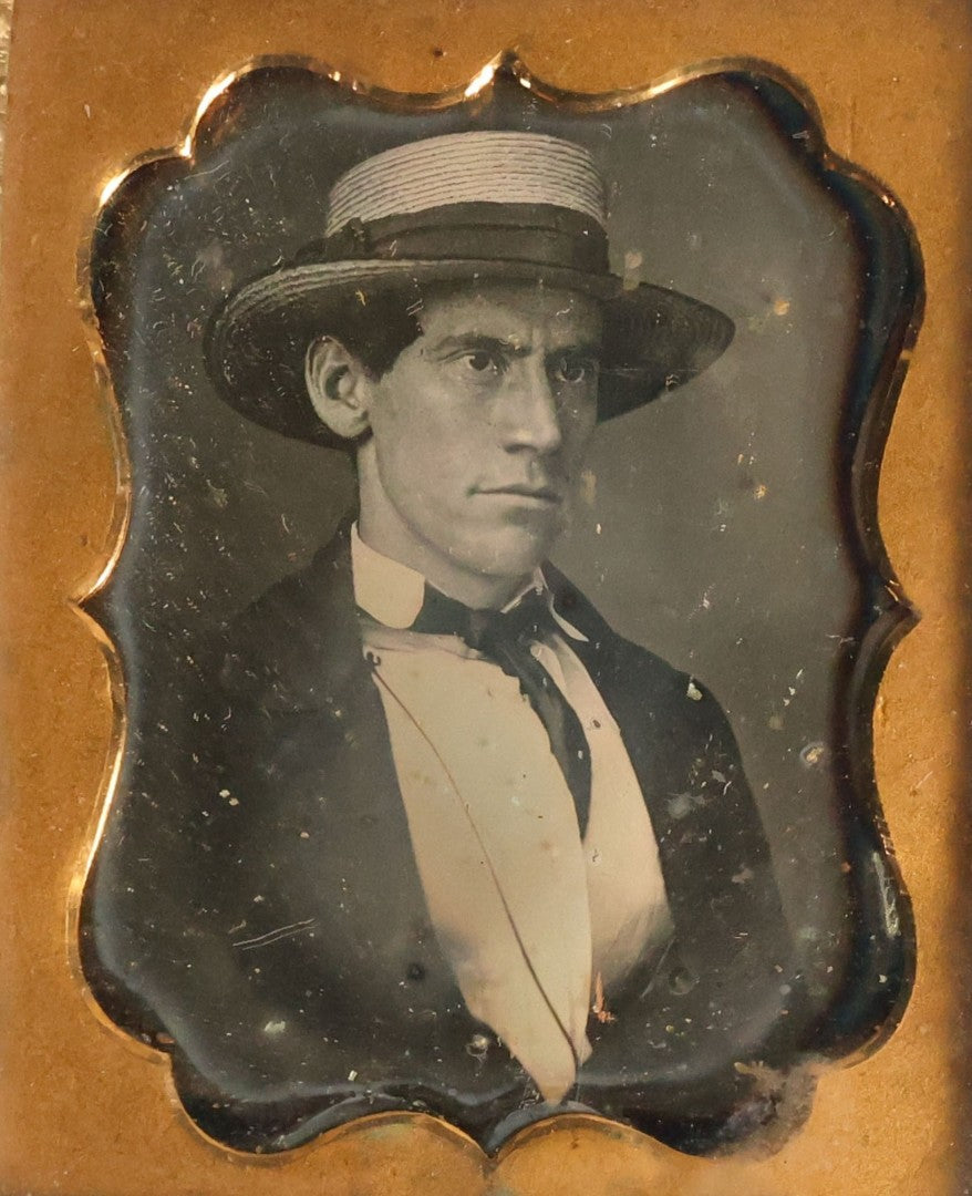 Lot 068 - Antique 1/9th Plate Daguerreotype Photograph Of Handsome Man With Furrowed Brow And Straw Boater Hat, No Case, Photo By Boston Picture Company, Tyler & Co.