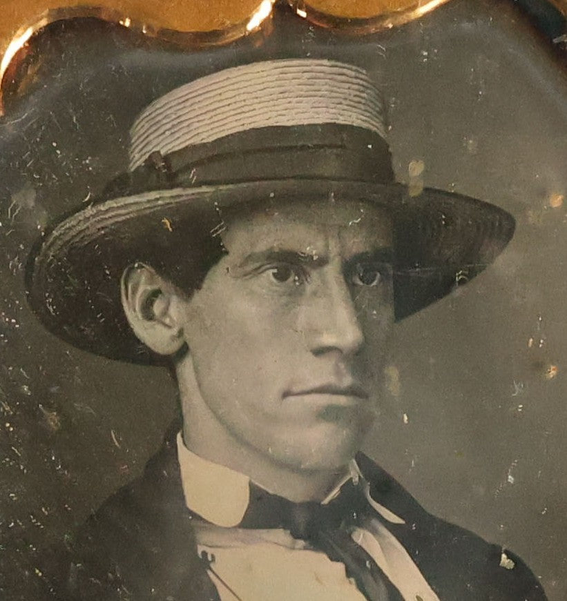 Lot 068 - Antique 1/9th Plate Daguerreotype Photograph Of Handsome Man With Furrowed Brow And Straw Boater Hat, No Case, Photo By Boston Picture Company, Tyler & Co.