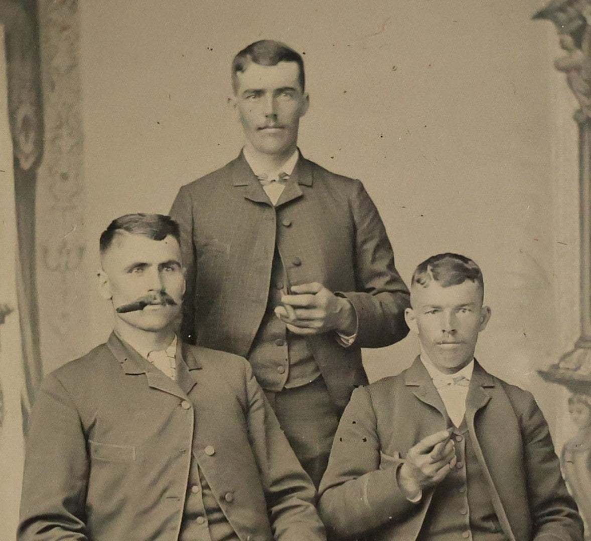 Lot 071 - Single Antique Tintype Photograph Of Three Men In Suits Smoking Cigars, Including Man With Pinstripe Pants