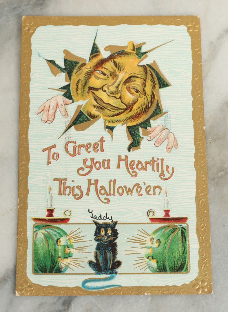 Lot 088 - Antique Embossed Halloween Postcard, "To Greet You Heartily This Hallowe'en" With Creepy Pumpkin Man, Black Cat, And Green Jack O'Lanterns, Printed In Germany, Postmarked 1909