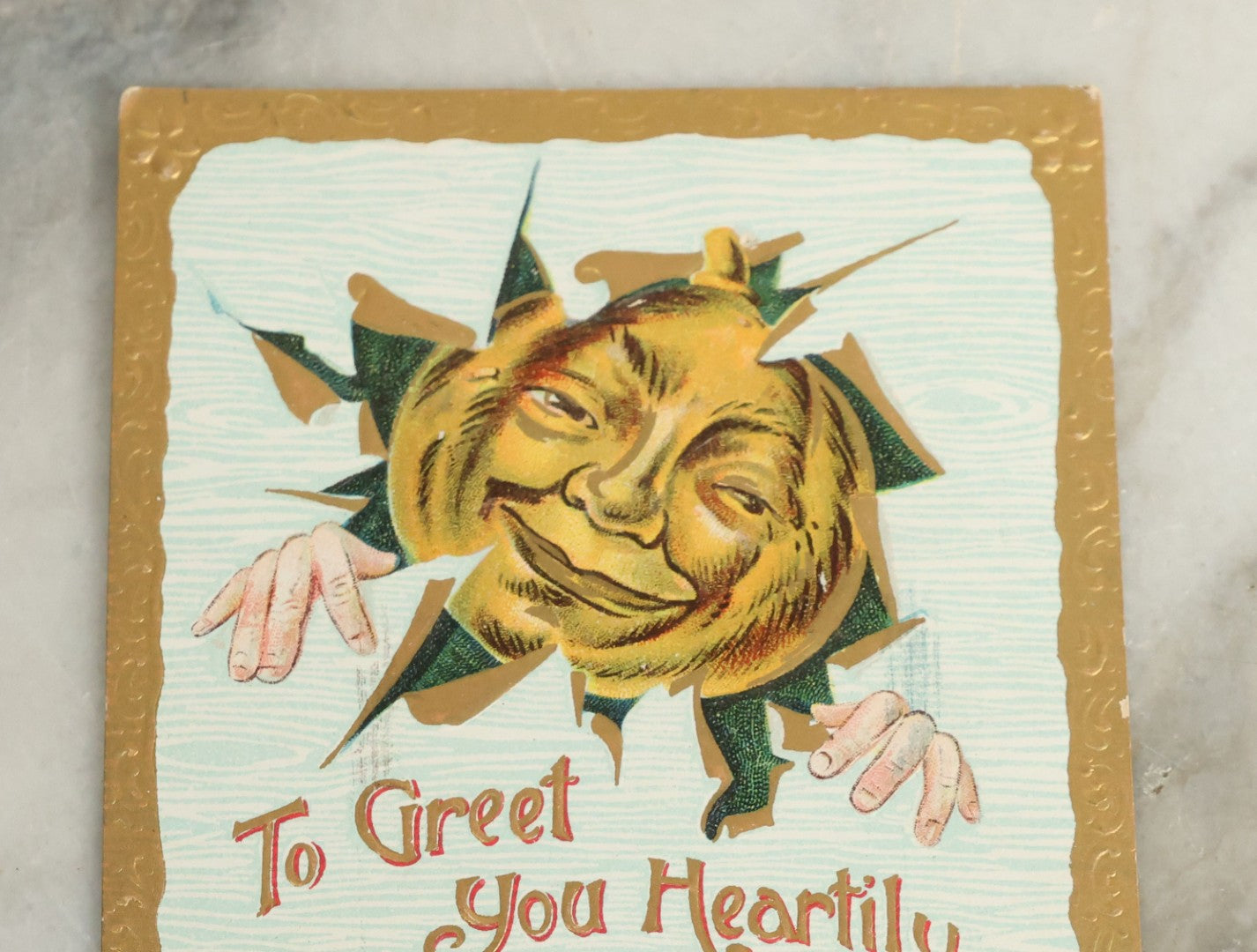 Lot 088 - Antique Embossed Halloween Postcard, "To Greet You Heartily This Hallowe'en" With Creepy Pumpkin Man, Black Cat, And Green Jack O'Lanterns, Printed In Germany, Postmarked 1909