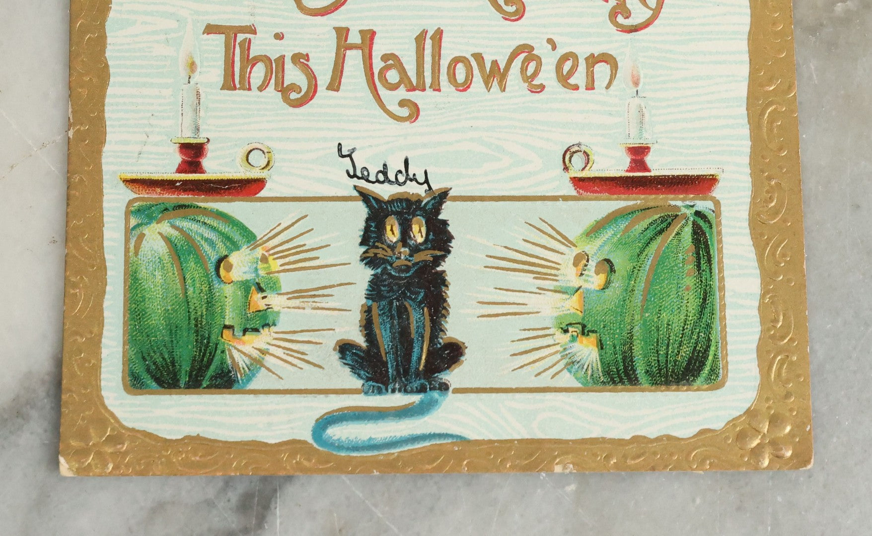 Lot 088 - Antique Embossed Halloween Postcard, "To Greet You Heartily This Hallowe'en" With Creepy Pumpkin Man, Black Cat, And Green Jack O'Lanterns, Printed In Germany, Postmarked 1909