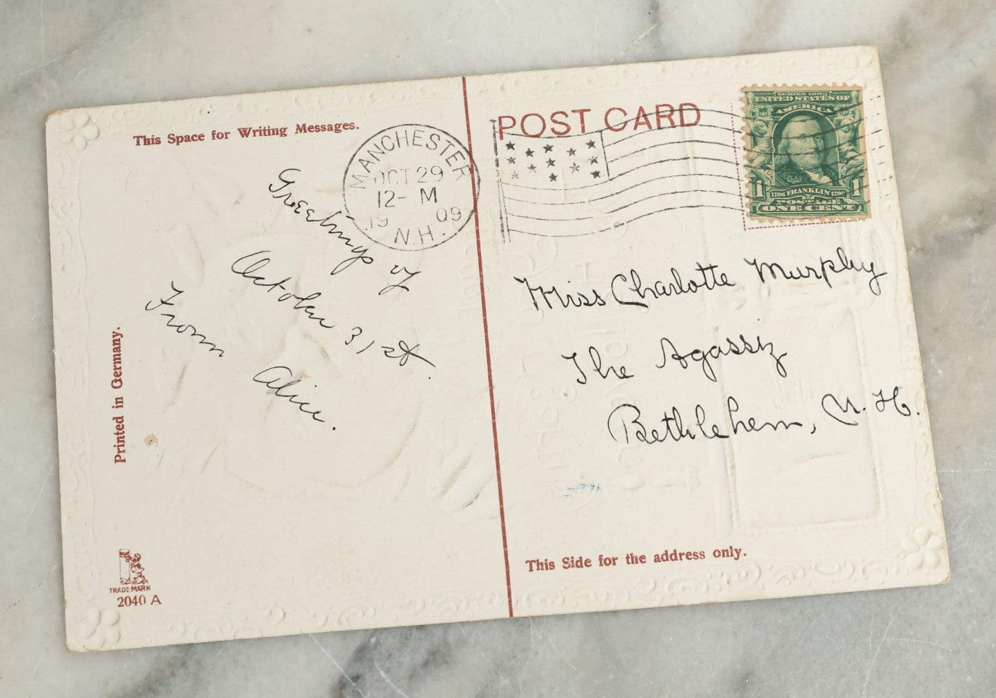 Lot 088 - Antique Embossed Halloween Postcard, "To Greet You Heartily This Hallowe'en" With Creepy Pumpkin Man, Black Cat, And Green Jack O'Lanterns, Printed In Germany, Postmarked 1909