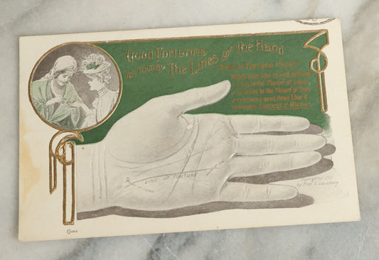 Lot 089 - Antique Embossed Palmistry Fortune-Telling Postcard, "Good Fortunes As Told By The Lines Of The Hand," Copyrighted 1907 By Fred C. Lounsbury, Postmarked 1909