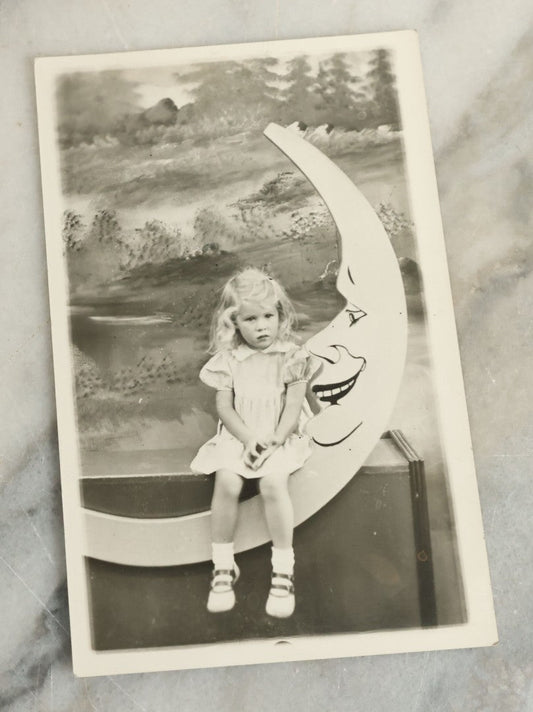 Lot 091 - Vintage Real Photo Postcard R.P.P.C. Of Young Blond Girl Posing On Wooden Moon Cutout Backdrop, Circa 1949