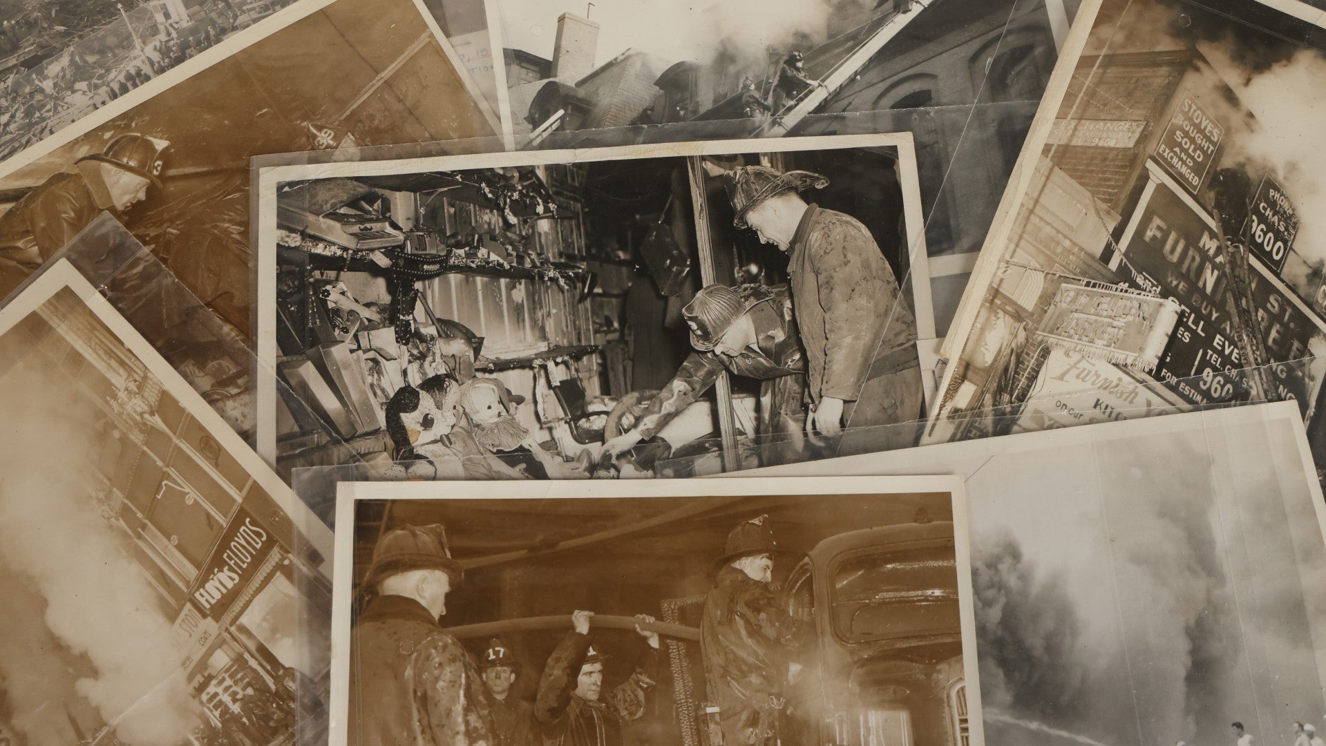 Lot 001 - Extensive Grouping Of 100+ Documentary Press Photos Of Firefighters Battling Fires, Aftermath And Destruction, And Firefighting Apperatus, In And Around The City Of Boston, Late 1930s To 1950s, With Notes Regarding Date And Location, 9" x 7"