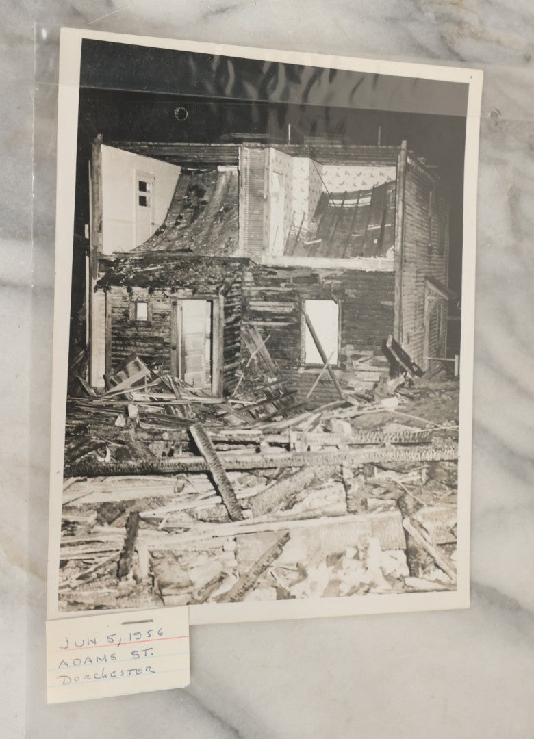 Lot 001 - Extensive Grouping Of 100+ Documentary Press Photos Of Firefighters Battling Fires, Aftermath And Destruction, And Firefighting Apperatus, In And Around The City Of Boston, Late 1930s To 1950s, With Notes Regarding Date And Location, 9" x 7"