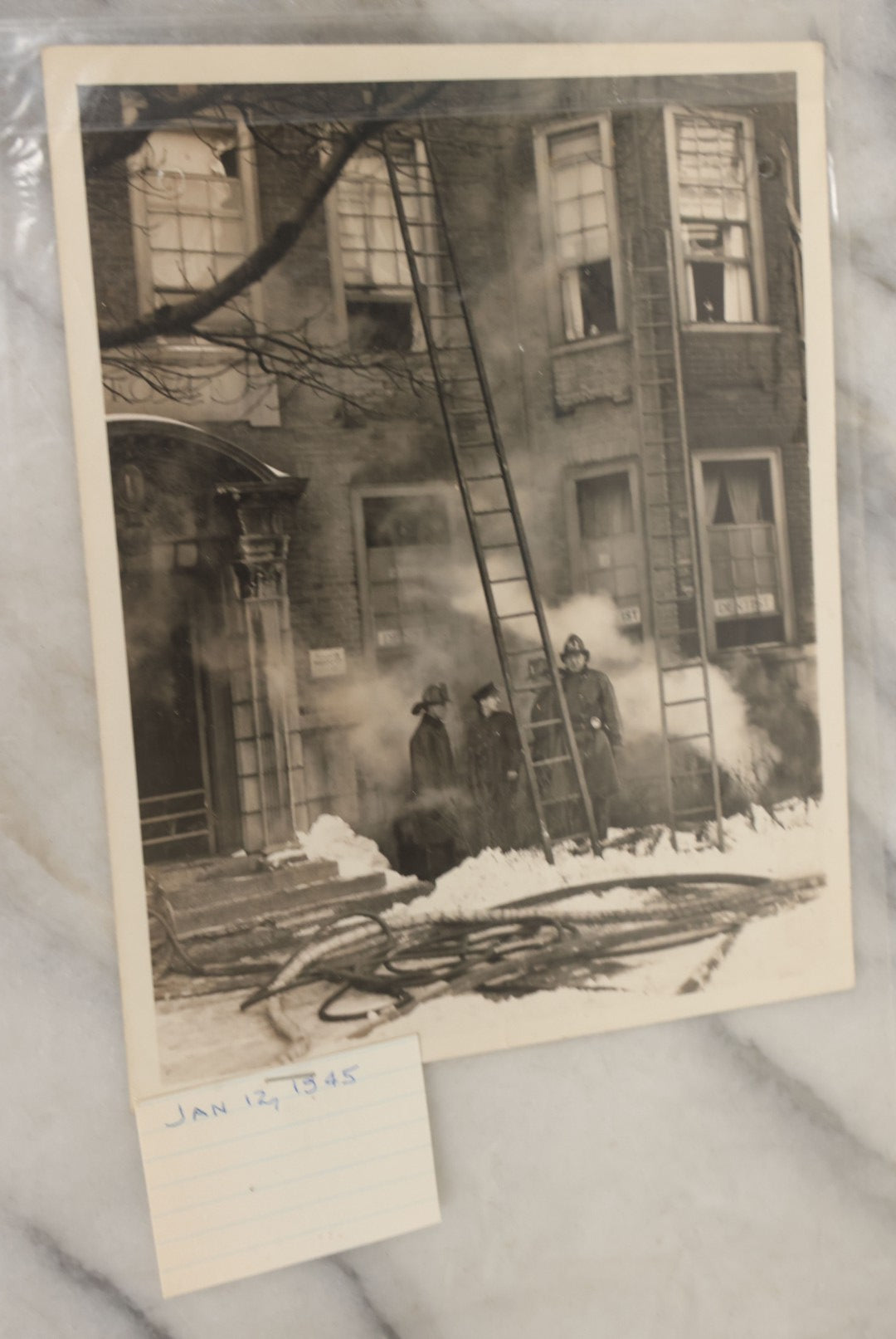 Lot 001 - Extensive Grouping Of 100+ Documentary Press Photos Of Firefighters Battling Fires, Aftermath And Destruction, And Firefighting Apperatus, In And Around The City Of Boston, Late 1930s To 1950s, With Notes Regarding Date And Location, 9" x 7"