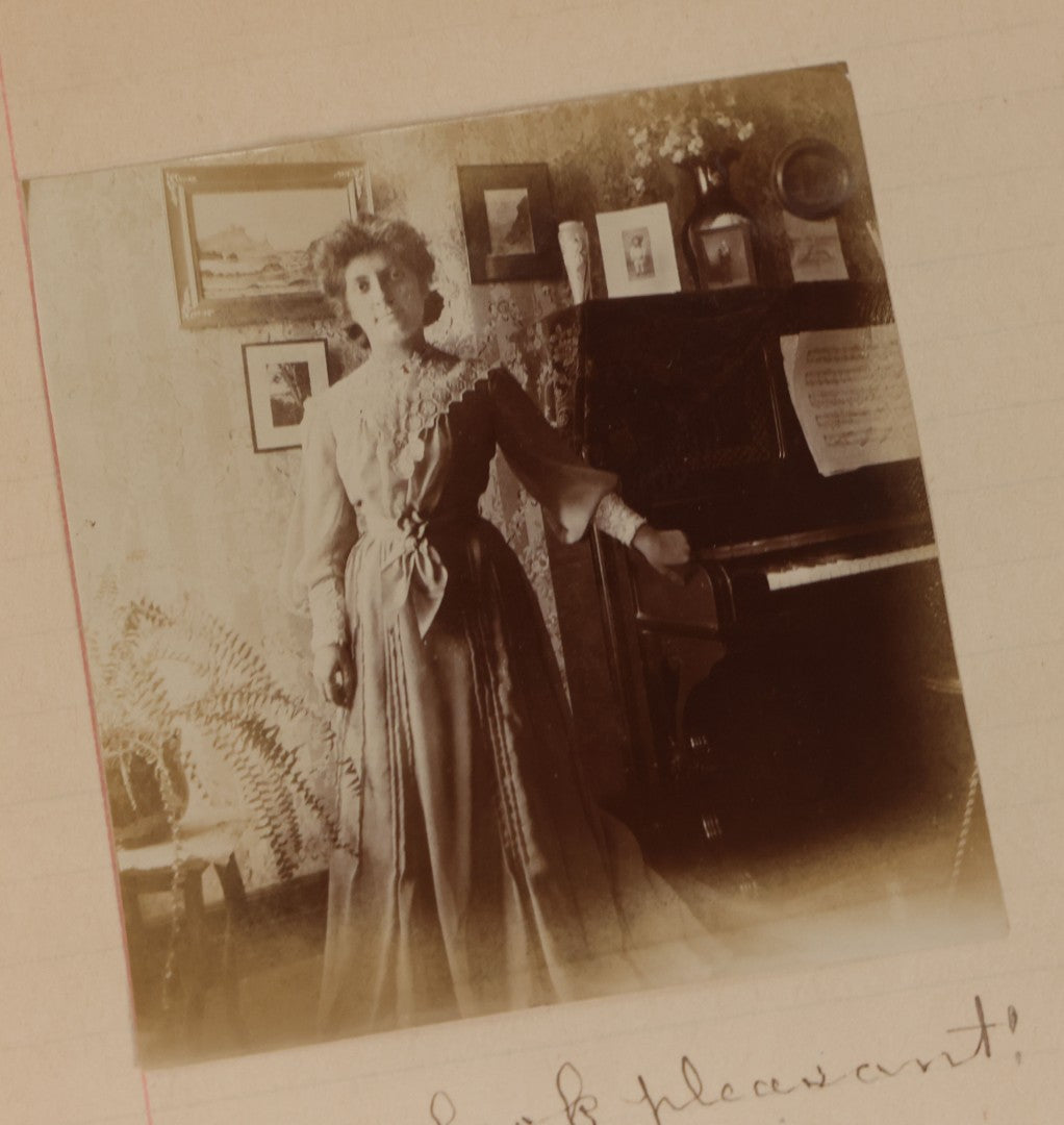 Lot 064 - Antique Snapshot Photo Album Scrapbook Contained In A Record Ledger With 40+ Photos And Scraps, With Handwritten Enscriptions, Including Interior Photos, Outdoor Photos, And More, Circa 1900, Hand Drawn Flower Scraps