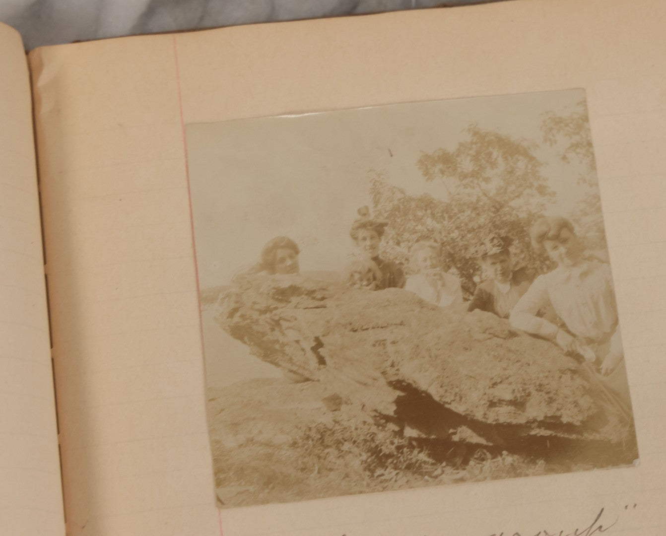 Lot 064 - Antique Snapshot Photo Album Scrapbook Contained In A Record Ledger With 40+ Photos And Scraps, With Handwritten Enscriptions, Including Interior Photos, Outdoor Photos, And More, Circa 1900, Hand Drawn Flower Scraps