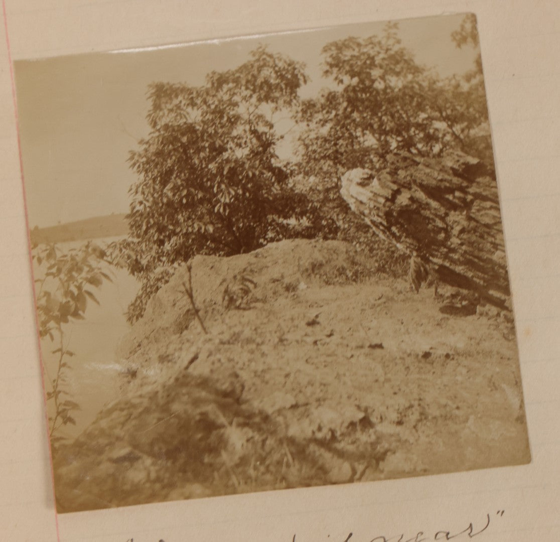 Lot 064 - Antique Snapshot Photo Album Scrapbook Contained In A Record Ledger With 40+ Photos And Scraps, With Handwritten Enscriptions, Including Interior Photos, Outdoor Photos, And More, Circa 1900, Hand Drawn Flower Scraps