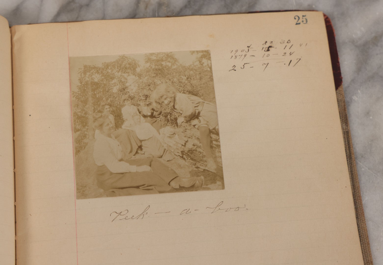 Lot 064 - Antique Snapshot Photo Album Scrapbook Contained In A Record Ledger With 40+ Photos And Scraps, With Handwritten Enscriptions, Including Interior Photos, Outdoor Photos, And More, Circa 1900, Hand Drawn Flower Scraps