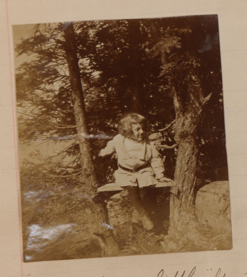 Lot 064 - Antique Snapshot Photo Album Scrapbook Contained In A Record Ledger With 40+ Photos And Scraps, With Handwritten Enscriptions, Including Interior Photos, Outdoor Photos, And More, Circa 1900, Hand Drawn Flower Scraps